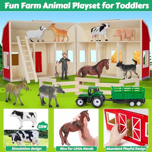 Wooden Barn Toys for Toddlers Ages 3 4 5, Farm Animals Toys for Boys Girls | Big Barn Farm with Figures Animals, Tractor Toy, Farm Playset Educational Preschool Learning Toys, Christmas Birthday Gifts