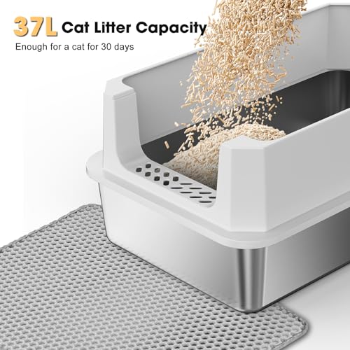 FURTIME Stainless Steel Cat Litter Box, Large Cats Metal Litter Box | High-Sided Open-Top Easy-Clean Litter Pan, Non-Stick, Anti-Leakage, Odor-Free, Comes with Scoop & Mat, 23"×15"×10.5" - color: Silver, size: Large