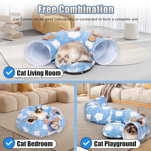 Cat Tunnel Bed, Tunnels for Indoor Cats with Washable Circle Cushion, Multifunctional Peekaboo Cave Donut Tubes Tunnel for Cat Kitty Kitten Puppy Rabbit Ferret (Sky Blue)
