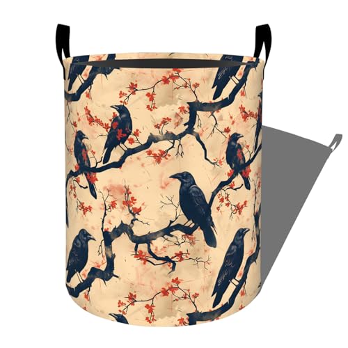 Gothic Crow on Red Blossom Branches Laundry Basket, Dorm Nursery Foldable Laundry Hamper Organizer for Bathroom Decor, Toy Clothes Storage Box for Bedroom 19.7x15.7 Inch - style: Crow03