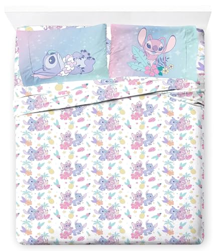 Jay Franco Disney Lilo & Stitch Full Size Sheet Set - 4 Piece Kids Bedding | Super Soft Brushed Microfiber, Deep Pocket, Machine Washable, White Angel Floral Design (Officially Licensed) - color: White - Lilo & Stitch 01, size: 4 Piece Full