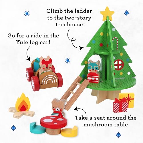 Petit Collage: Christmas Treehouse Wooden Play Set – Eco-Friendly FSC Wood Toy for Toddlers 12mo+ – Features Treehouse with Ladder, Animal Figures, Yule Log Car,Table & Accessories – Cozy