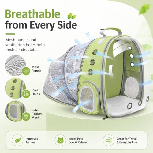 Expandable Cat Carrier Backpack with Bubble Window and Mesh, Light Green | Anti-collapse frame, breathable mesh, escape-resistant zipper clips and safety leash for vet visits and outdoor travel. - color: LightGreen