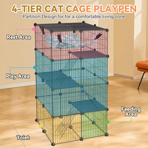 VISCOO Cat Cage, 4-Tier DIY Cat Enclosures Catio,24"x24"x 48" Cat Playpen | Detachable Metal Wire Kennel Cats Crate Indoor & Outdoor with Hammock, 2x2x4 Exercise Place for 1-3 Cats/Kitten - size: 15.4"L x 12.6"W x 6.3"H