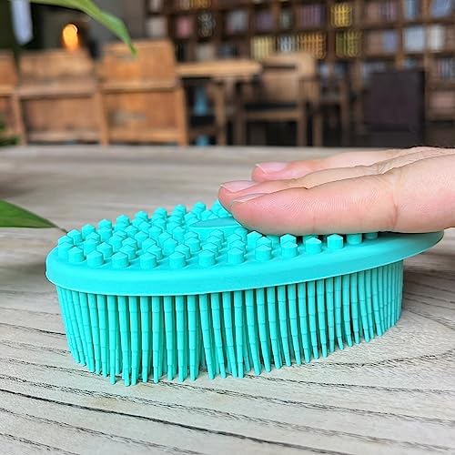 Premium Sensory Brush for Kids or Autism,Soft Silicone Body Scrubber,2 in 1 Sensory Room Occupational Therapy Brushes,Silicone Loofah,Pet Shower Brush Bath Shampoo Brushes(hangable-Oval-Teal) - color: Hangable-oval-teal