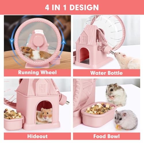 Vannon 4 in 1 Quiet Hamster Exercise Wheel, Multi Functional Hamster House with Running Wheel, Water Bottle, Food Bowl and Hideout, Small Animals Exercise Running Toys for Hamsters Gerbils Mice, Pink - color: Pink