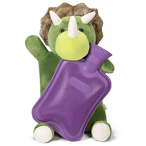 HomeTop Premium Classic Rubber Hot Water Bottle with Triceratops Cover | Natural rubber hot water bottle,Long-lasting heat retention,Snuggly all-night warmth - color: Purple/Triceratops