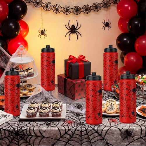 12 Pack 20 oz Spider Web Plastic Water Bottles Bulk, Red Reusable Squeeze Water Bottles with Pull Top Lid, Portable Leakproof for Spider Birthday Party Supplies, Party Favors - style: Spider