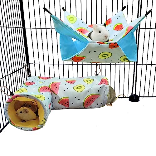 Large Caliber Guinea Pig & Rat Tunnel Hideout & Hammock, Corner Hideout Toy for Guinea Pig, Ferret, Hedgehog & Piggy to Hide and Shuttle (3. Hammock&Tunnel-Watermelon) - color: 3. Hammock&Tunnel-watermelon