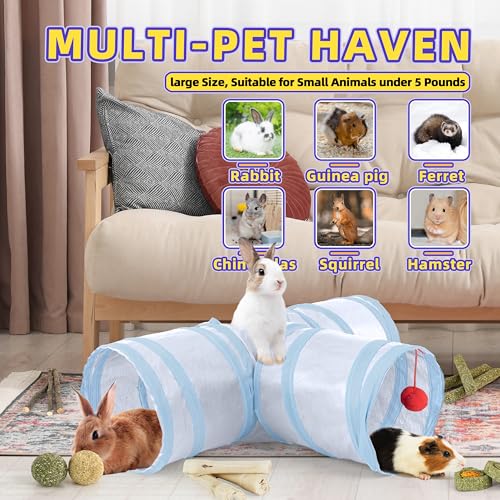 Bunny Tunnels & Tubes Collapsible 3 Way Rabbit Hideout with 13pcs Toys for Bunny Guinea Pig Hamster Chinchilla Hedgehog Rat Ferret Kitten (GY&BU) - color: GY&BU