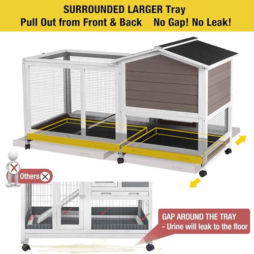 Aivituvin Rabbit Hutch 62" Rabbit Cage Indoor Outdoor Chicken Coop Guinea Pig Cage on Wheels Bunny Cage with 3 Deep No Leakage Pull Out Tray,Waterproof Roof (Brown) - color: Brown