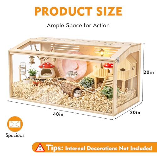 XiaZ Large Hamster Cage,40Inch Hamster Cage with Panoramic View and Ventilated Top, Spacious Acrylic Glass Habitat for Syrian Dwarf Hamsters and Degus, Natural Wood Frame Enclosure - size: 40.0"L x 20.0"W x 20.0"H
