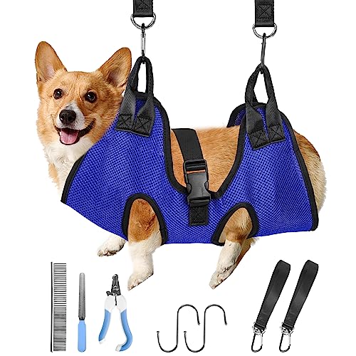 PatiencET Dog Grooming Hammock Kit | For Cats & Dogs up to 17 lb, Hanging Harness and Sling for Nail Trimming, Includes Clippers/Trimmer, File & Comb, Blue S - color: Blue, size: S (17 LB Max)