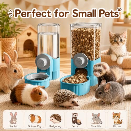 Automatic Rabbit Feeder and Water Dispenser Set,40oz Gravity Food Feeder&17oz Leak-Proof Water Bottle for Guinea Pigs,Hamsters,Chinchillas,Ferrets, Small Animals,Cage Mount Feeding Station Blue