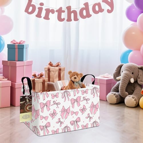 Rectangle Foldable Storage Basket Handles For Home, Pink Bow | Waterproof canvas material, reinforced handles, perfect for shelf use, organizes clothes, daily items and pet supplies - color: REC-Pink Bow