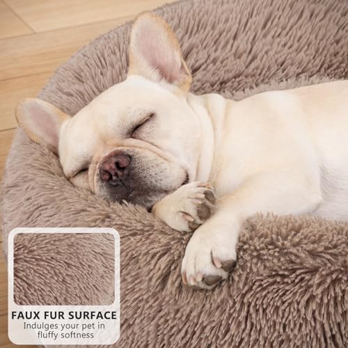 MIXJOY Calming Cat Beds for Indoor Cats, 20'' Kitten Donut Beds for Pet Up to 15lbs, Fluffy Small Cat Cuddler, Anti-Anxiety Plush Faux Fur Large Pet Bed Washable (20'', Brown) - color: Brown, size: XS(20’’x 20’’)
