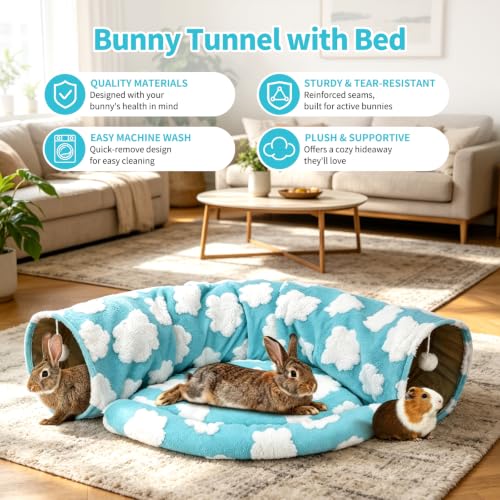 BWOGUE Bunny Tunnel Bed, 2-in-1 Collapsible Rabbit Tunnel Hideout with Mat | Removable Mat for Washing, 46.8 in Length, Ball Toy for Play, Cats Rabbits Guinea Pigs, Clouds Blue - color: Clouds Blue
