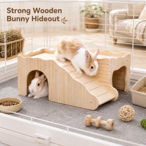 Large Bunny Hideout Wooden Bunny House with Ramp Rabbit Castle(Slide Style) | solid wood guinea pig hideout chinchilla house with detachable panels,rabbit hide with ramp hideaways and climbing areas - style: Slide style