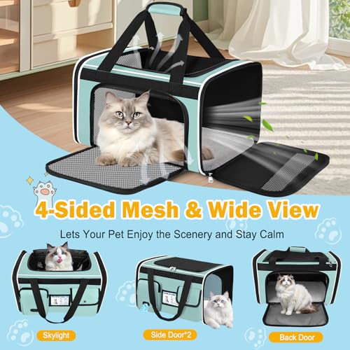 HUANLANG Large Cat Carrier Travel Soft Sided Pet Carrier Airline Approved | Dog Carriers for Small Dogs Medium Cats,Collapsible,3 Storage,zipper lock,Reflective strips,Luggage Strap, Up to 15 Lbs - color: Green