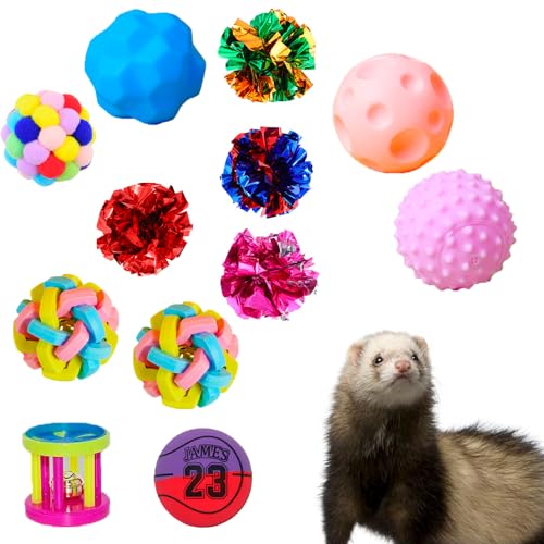 12 pcs Ferret Squeaky Toys Balls Squeaker Toys Teething Chewing Toy Colorful Bouncy Rubber Bell Balls Mylar Crinkle Interactive Sound Exercise Scratch Chew Toy for Ferrets Pet Cat Dog - color: pattern 1