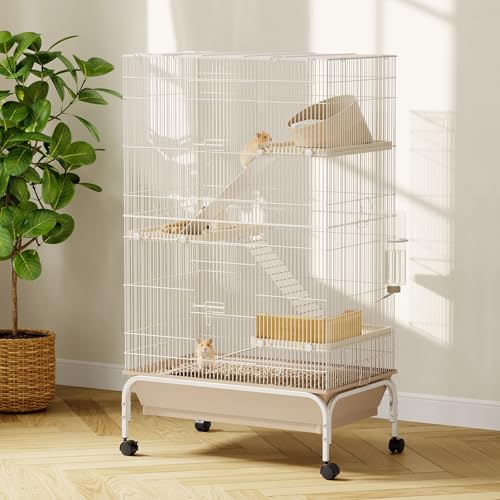 4-Tier Rolling Small Animal Cage, Multi-Level Metal Ferret Chinchilla Cage with Pull-Out Tray, Platforms & Ramps, Mobile Pet Habitat for Rats, Squirrels & Sugar Gliders, Beige(28in)