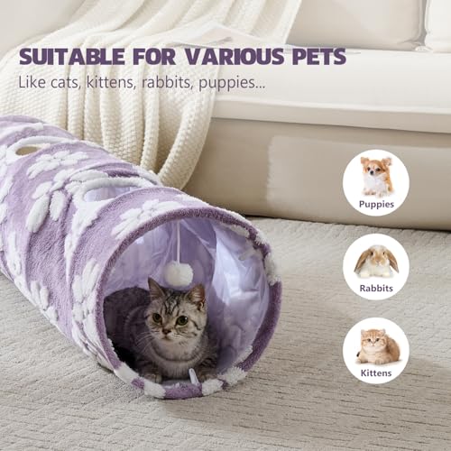 Straight Cat Tunnel for Indoor Cats 47"x12", Purple Flower | Cute Cat Toys, Collapsible Tunnel Tube with Hanging Balls for Puppy Kitten Rabbit - color: Purple Flower, size: Straight