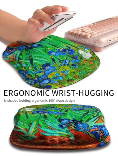 Hokafenle Ergonomic Wrist-Hugging Mouse Pad Wrist Support, U-Shaped Holding Wrist Rest Mousepad for Carpal Tunnel Pain Relief with Cushioned Memory Foam Slope Massage Bulge (10.2x8.3 in,Iris Flower) - color: Van Gogh Iris Flower