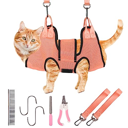 PatiencET Cat Grooming Hammock Kit | For Cats & Dogs up to 12 lb, Hanging Harness and Sling for Nail Trimming, Includes Clippers/Trimmer, File & Comb, Orange XS - color: Orange, size: XS (12 LB Max)