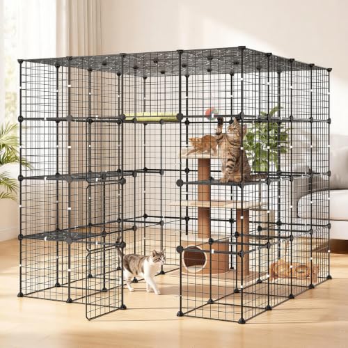 VEVOR Cat Cage 4-Tier 55"x55"x55" Large DIY Cat Playpen Indoor Enclosure, Detachable Metal Wire Kennel Crate with 3 Doors & Locks, Exercise Place Ideal for 2-3 Cats, Kittens and Small Animals, Black - size: 55.0"L x 55.0"W x 55.0"H