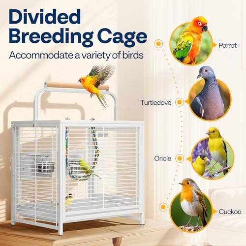 VIVOHOME 19 Inch Wrought Iron Travel Bird Cage for Cockatiel Parakeets | Bird Travel Carrier Cage with Wooden Handle/Perch, Slide-out Tray for Small Parrots Conures Lovebirds Canaries Finches, White - color: White