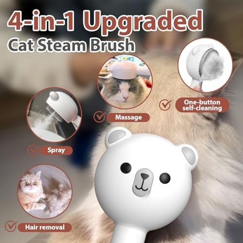 Cat Steam Brush with 2 Spray Levels & Release Button 4-in-1 Cat Water Brush | for Shedding Grooming, Pet Hair Removal Comb for Long Short Haired Cats Dogs, IPX7 Waterproof Self Cleaning Slicker Brush - color: White with Handle