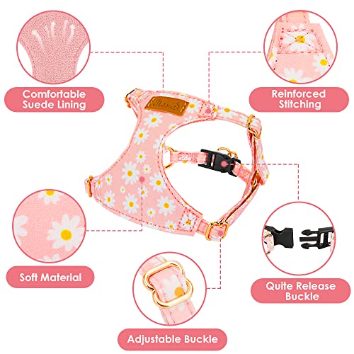 Lukovee Puppy Harness and Leash Set, No Pull, Lightweight Step in Vest | Adjustable, Soft Suede Vest, Easy Put on and off Pet Harness with Snap Buckle & 51in Leash for Small Medium Dogs (Pink, S) - color: Pink Daisy, size: Small ( 9-17.5lb )