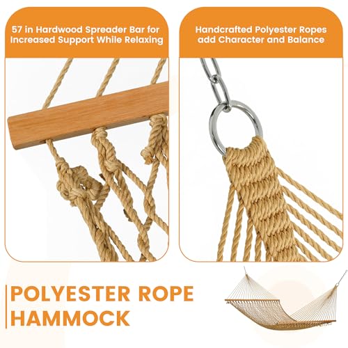 Lazy Daze 13 Ft Double Handwoven Polyester Rope Hammock with Tree Straps | Mesh Hammock for 2 Person, with Spreader Bar, Carabiners, Chains for Outside, Backyard, Patio, 450 Lbs Capacity - color: Tan