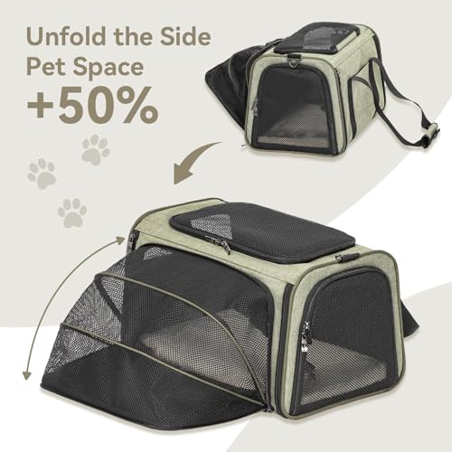 Petsfit Small Expandable Cat Carrier for Air Travel, Up to 9 lb | 16 x 10 x 9 in; sized for Alaska Airlines, with locking zippers, an interior safety tether and multi-side ventilation. - color: Green, size: 16.0"L x 10.0"W x 9.0"H