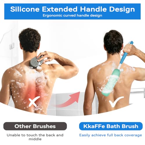 Back Scrubber for Shower,15.35"Curved Body Brush with Anti Slip Long Handle | Long Back Scrubber for Men & Women, Skin Exfoliating Curved Back Scrub Brush, Removable Long Handle Mesh Sponge Back Washer - size: Black+Blue Handle
