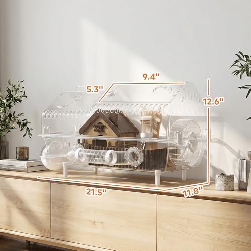 PawHut 8 in 1 PET Hamster Cage 21.5 x 11.8 x 12.6 Inches | Dwarf Hamster Cage, Large Wheel and Hideout, Small Animal Habitat, Accessories, Clear Pet House