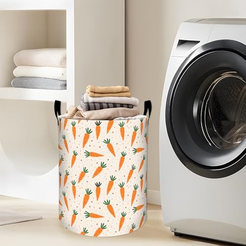 Playful Carrot with Green Leaf Laundry Basket with Handles, 19.7"x15.7" Clothes Foldable Polka Dot Design Laundry Hamper Organizer for Dorm Nursery Bedroom Bathroom Decor, Toy Storage Bin for Kids - style: Carrot02