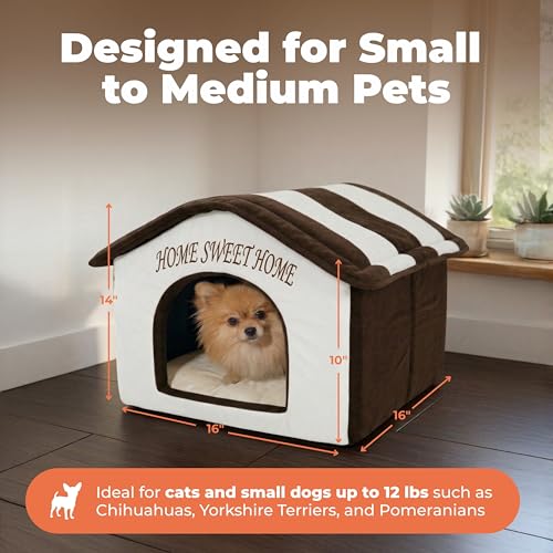 Best Pet Supplies Cat Bed for Indoor Cat, Domed Tent House with Removable Pillow, Covered Cat Cave for Small Dog, Puppies and All Breeds of Cats - Beige w/ Brown Stripes, 16 x 16 x H:14" - color: Beige w/ Brown Stripes, size: 16" x 16" x H:14"