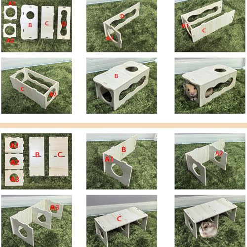 2 PCS Wooden Hamster Hideout Multi-Chamber Tunnel Set Hamster House Hiding Maze Platform Stuff Exploring Toy Cage Accessories for Gerbil Rat Mice - size: M+M