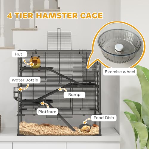 PawHut Large Hamster Cage with 9" Deep Tempered Glass Bottom, 4 Tiers Hamster Tank with Running Wheel, Hut, Water Bottle, Dish, Rat Cage for Syrian, Dwarf, Gerbils, Mouse, 31" x 19" x 31.5", Black | 4 Tiers Hamster Tank, Running Wheel, Hut, Water Bottle,