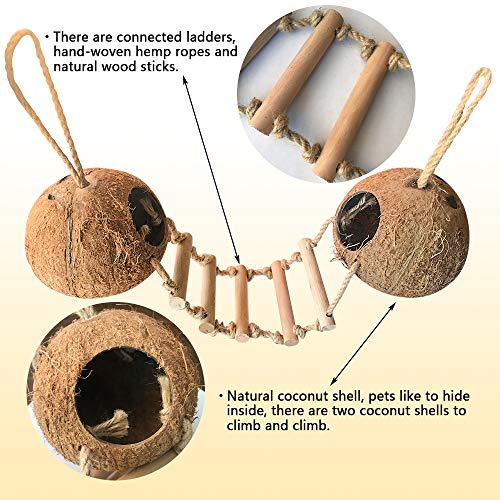 Bird Hides Coconut Nest with Wood Ladder,Syrian Hamster Cage Hanging Natural Coco Shell Hut Hide Toy with Wooden Bridge,Hollow Hideaway Toys for Small Animal Rat Lovebird Finches - size: 1PCS 22.04x13.38in