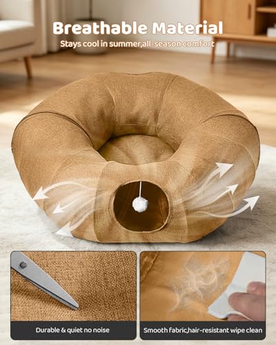 Linen Cat Tunnels with Central Cat Bed, Interactive Cat Toys Detachable Washable Soft Mat Large Indoor Play Tunnel Cave for Kittens and Small Animals - color: Linen Brown