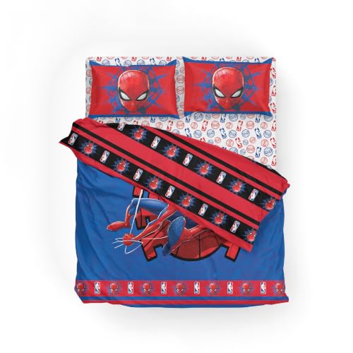 Northwest Marvel Spiderman Full Comforter Set 5 Piece Includes Reversible Comforter & Sheet Bedding Set Soft Fade Resistant Microfiber Officially Licensed - color: Spidey Drop Full