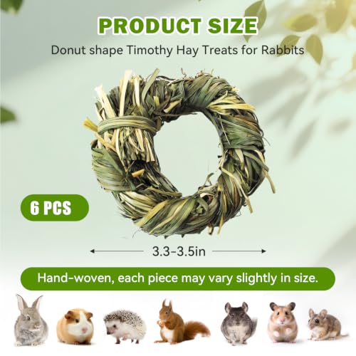 6PCS Timothy Hay Toy for Rabbits Bunny Chew Toys for Teeth Timothy Hay Rings for Small Animals Guinea Pigs Chinchillas Hamsters Bunnies Digestion Care