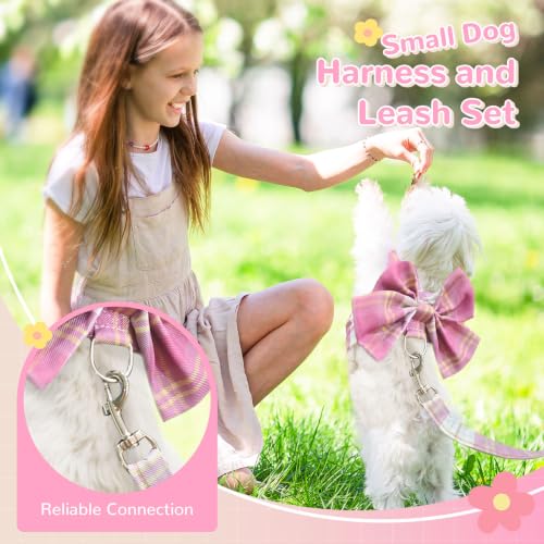 Cute Dog Harness and Leash Set with Bow Tie Soft Mesh Plaid Girl Puppy Harness No Pull Pet Cat Dog Vest Harness for Small Dogs Chihuahua Rabbit Outfit (Pink,XL) - color: Pink, size: XL(Chest 16"-18")