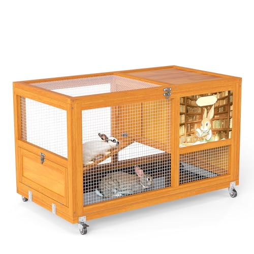 COZIWOW Wooden 36Inches Rabbit Hutch Indoor with Wheels Bunny Cage Outdoor Rabbit Cage with Clean Tray, Openable Roof, Anti-Slip Ramp for Small Bunny (Orange with Pattern) - color: Orange with Pattern