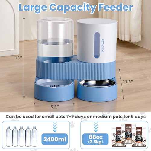 Automatic Cat Feeder Stainless Steel Water Dispenser Gravity Food Feeder and Waterer Set with Pet Food Bowl for Small Medium Kitten Puppy Pets Large Capacity(Blue) - color: Blue