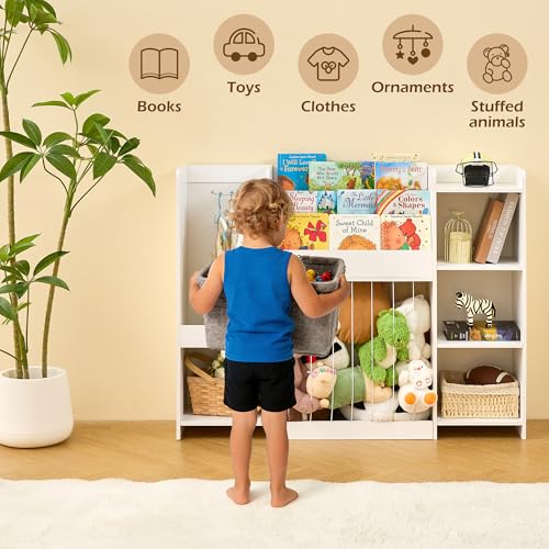 Kids Toy Storage Organizer with Bookshelf, Toy Shelf with 4 Open Cubbies, Clothing/Racket Hanging Hook Area & Stuffed Animal Cage, Large Wooden Organizer Storage Chest for Playroom Bedroom Nursery