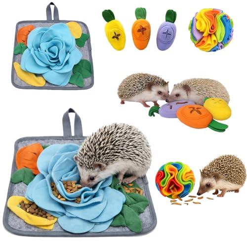 5Pcs Hedgehog Foraging Toy – Snuffle Mat, Snuffle Ball & Carrot Treat Toys for Hedgehog Cage Enrichment, Interactive Feeding Toys for Hedgehog, Rabbit & Guinea Pig, Small Pet Foraging Toys