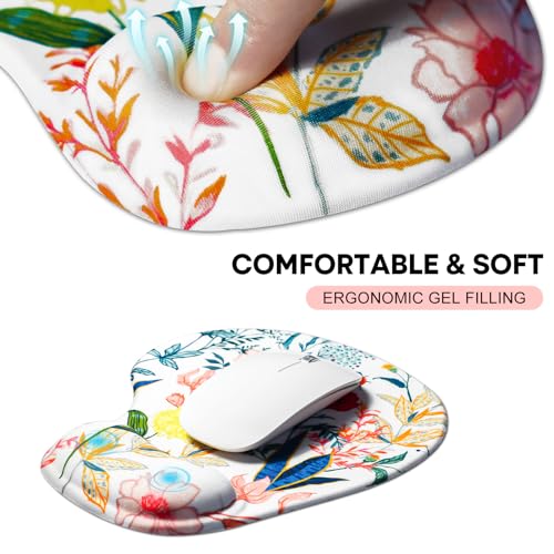 JIKIOU Ergonomic Mouse Pad with Gel Wrist Rest 2Pack, Portable Small Flower | Upgraded-Prevent Gel Leakage, Ergonomic Design for Pain Relief, Cooling Gel filled, Smooth Lycra Surface, Non-Slip PU Base - color: 08White-Flowers